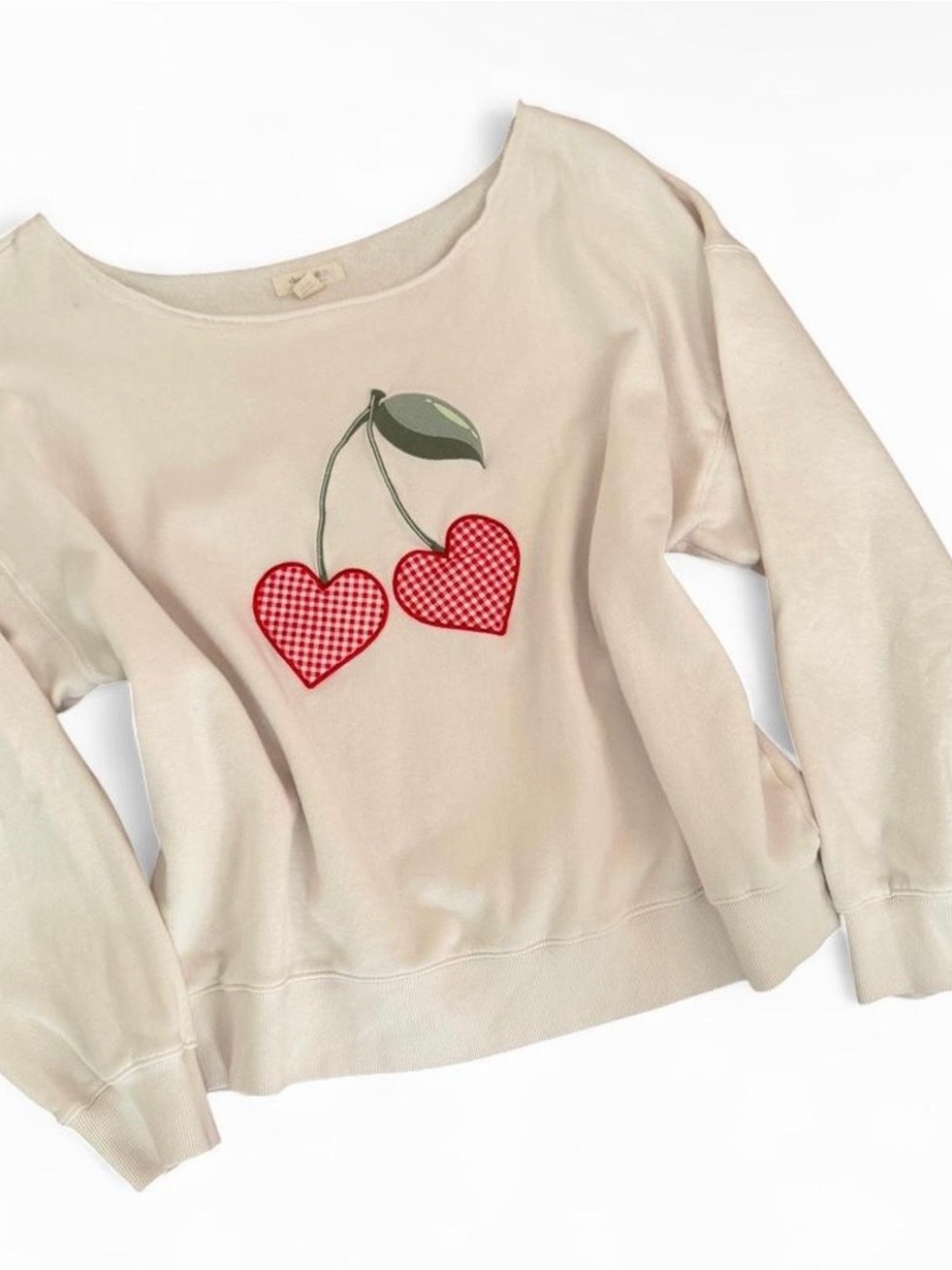Aeropostale Cream Off-Shoulder Sweatshirt with Red Gingham Heart Cherries